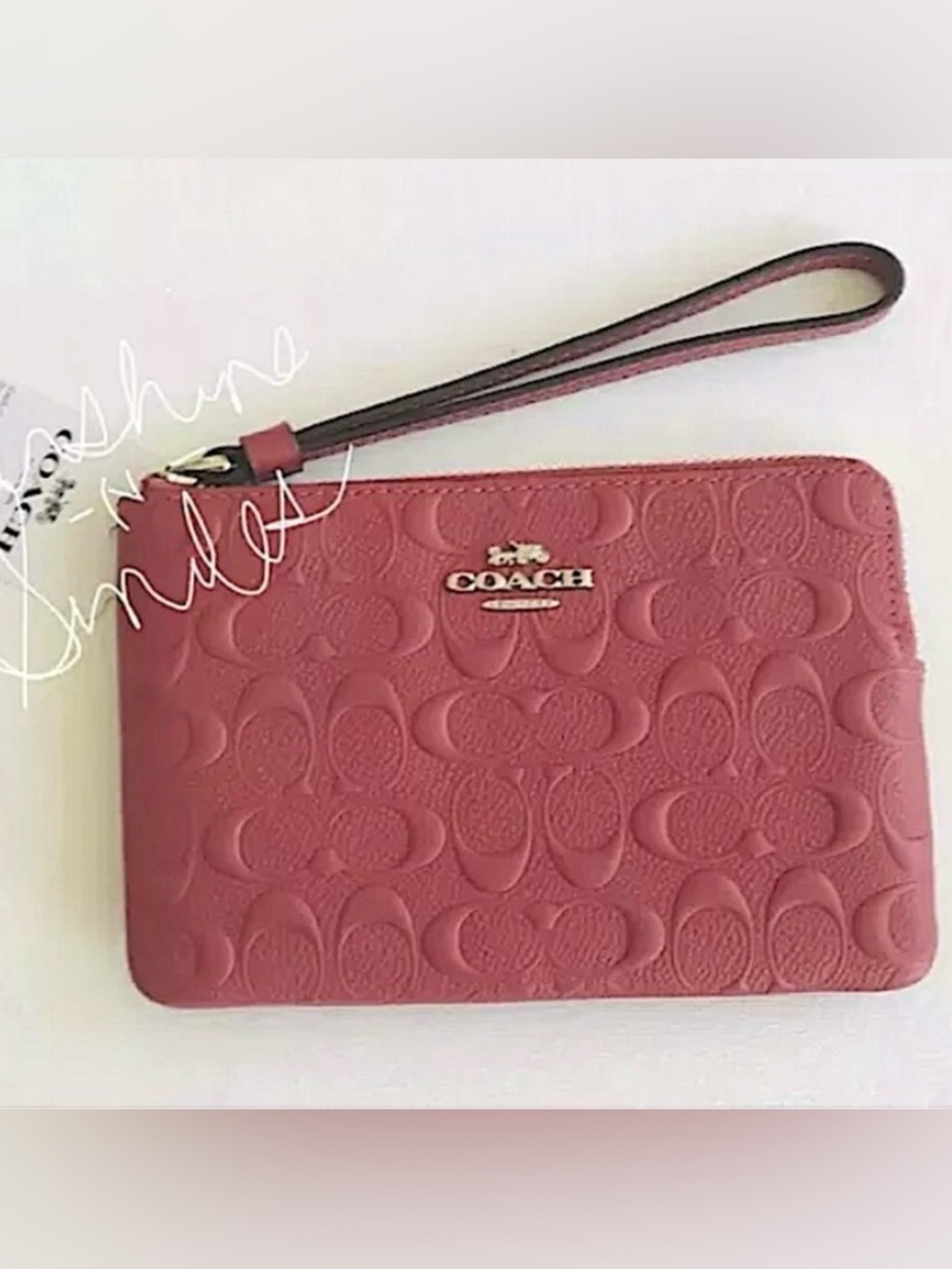COACH Signature Embossed Leather L-Zip Wristlet #F67555 Washed Red / Silver